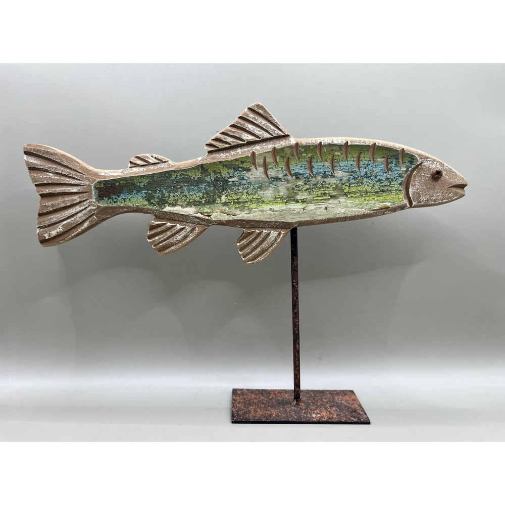 Rustic Wood Metal Fish Trout  Decor Tabletop Sculpture Coastal Cabin Art 9" x 7"